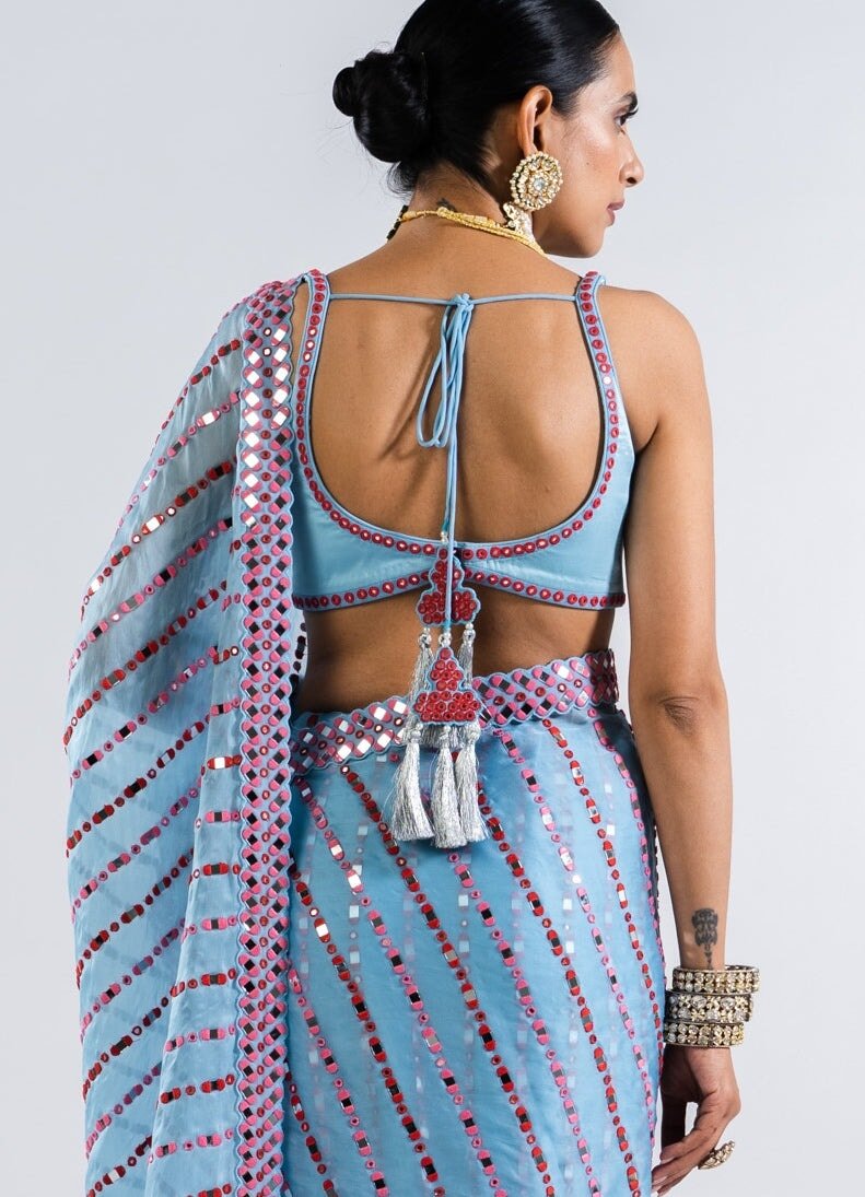 Ice Blue Heavy Mirror Work Saree Set. Vvani by Vani Vats - Fabilicious Fashion