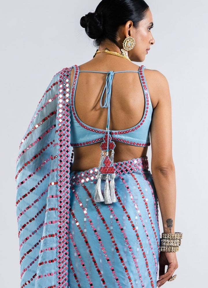 Ice Blue Heavy Mirror Work Saree Set. Vvani by Vani Vats - Fabilicious Fashion