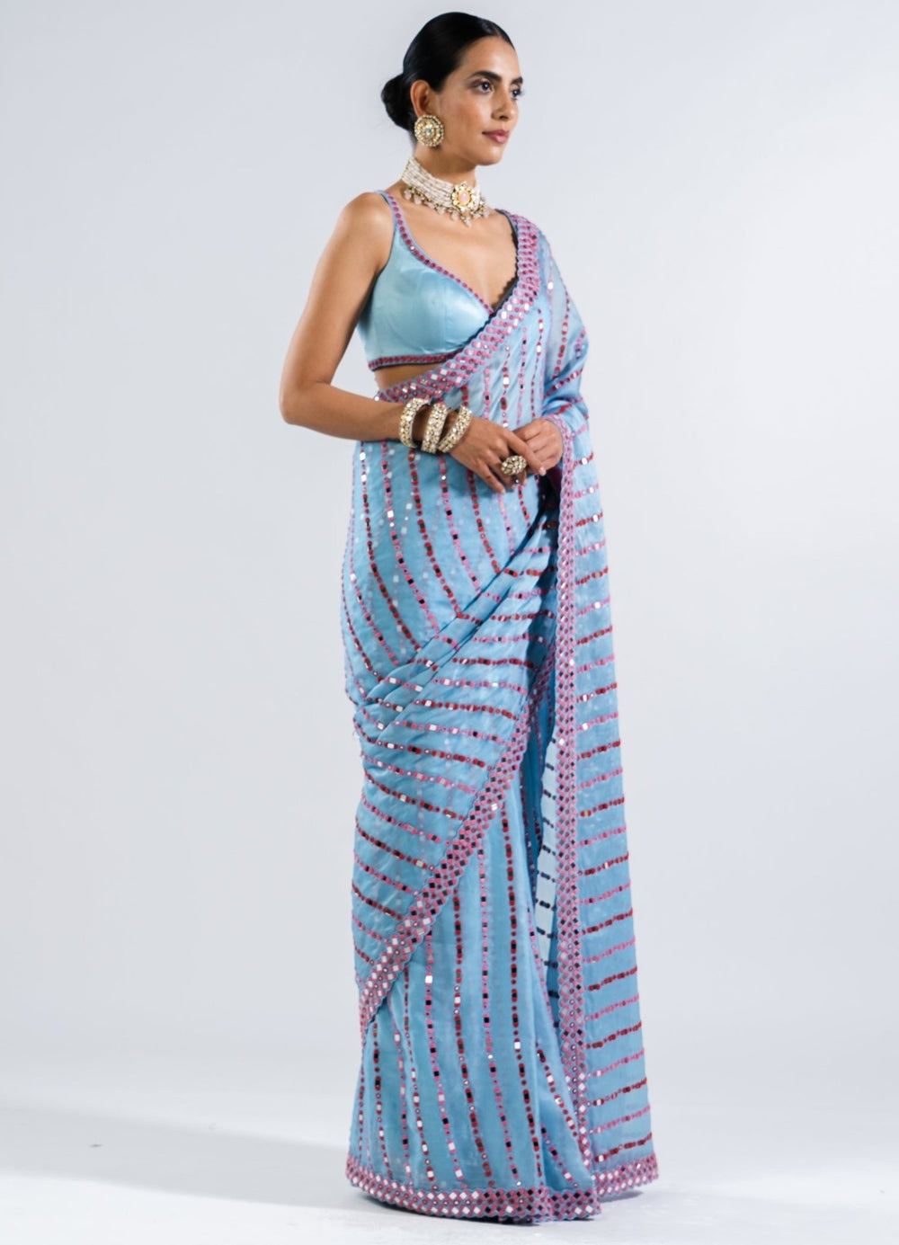 Ice Blue Heavy Mirror Work Saree Set. Vvani by Vani Vats - Fabilicious Fashion