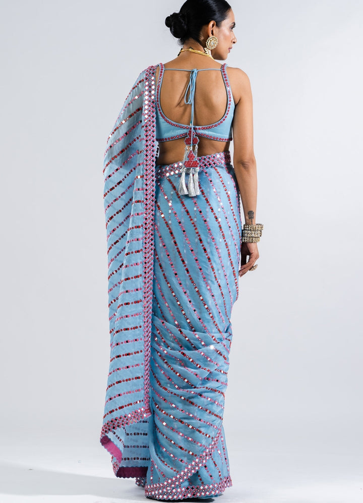 Ice Blue Heavy Mirror Work Saree Set. Vvani by Vani Vats - Fabilicious Fashion