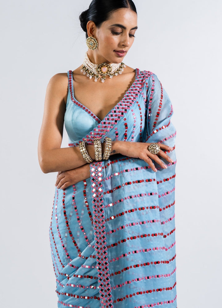 Ice Blue Heavy Mirror Work Saree Set. Vvani by Vani Vats - Fabilicious Fashion