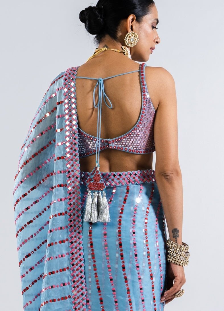 Ice Blue Heavy Mirror Work Saree With Metallic Sequinned Blouse Vvani by Vani Vats - Fabilicious Fashion