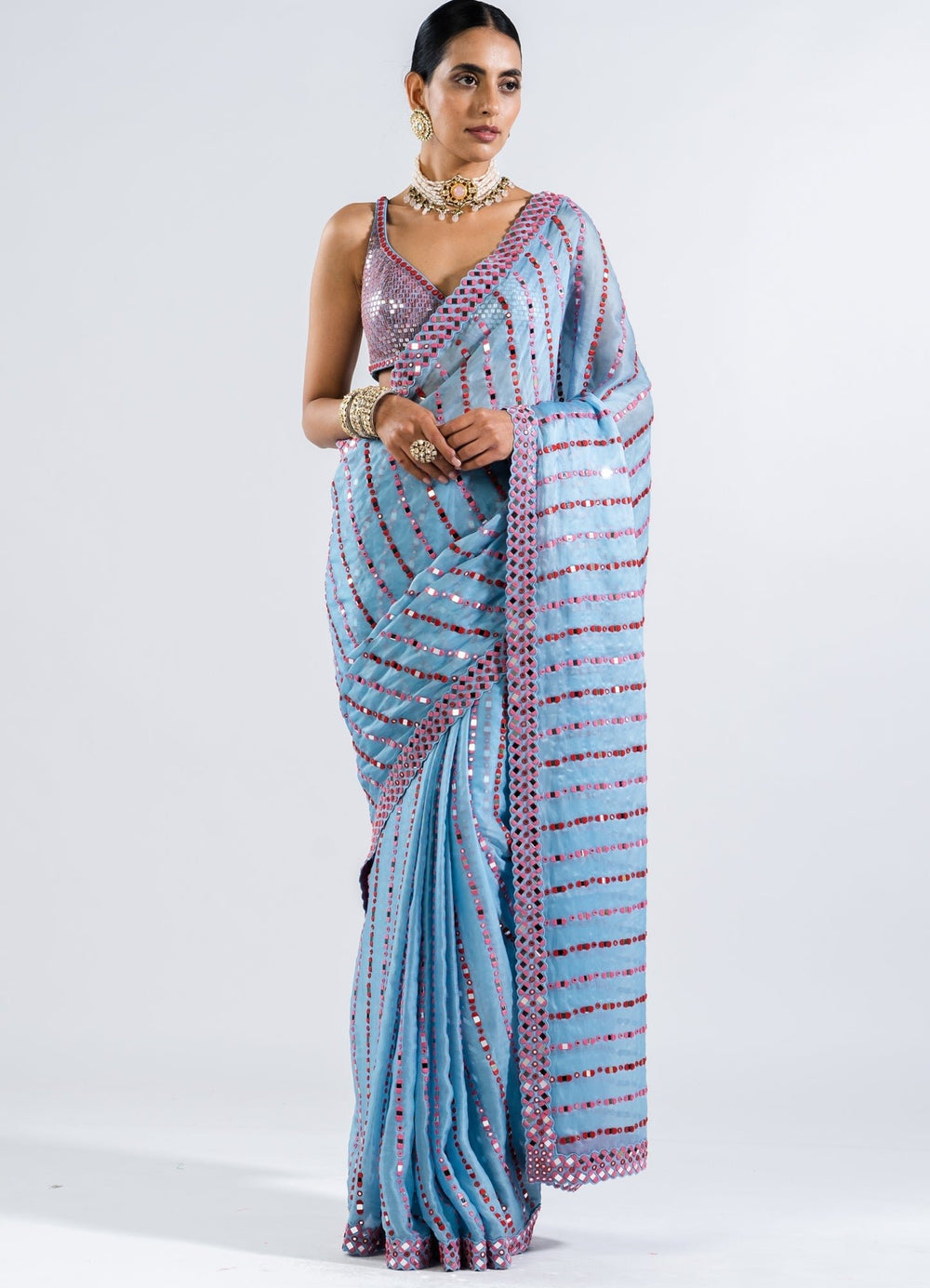 Ice Blue Heavy Mirror Work Saree With Metallic Sequinned Blouse Vvani by Vani Vats - Fabilicious Fashion