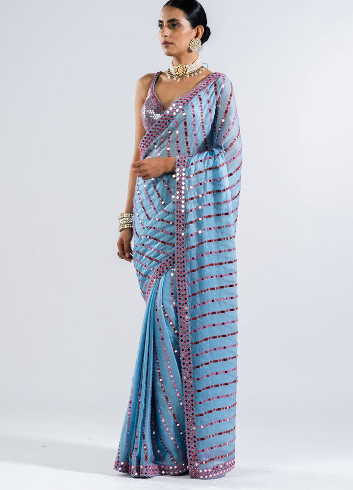 Ice Blue Heavy Mirror Work Saree With Metallic Sequinned Blouse Vvani by Vani Vats - Fabilicious Fashion