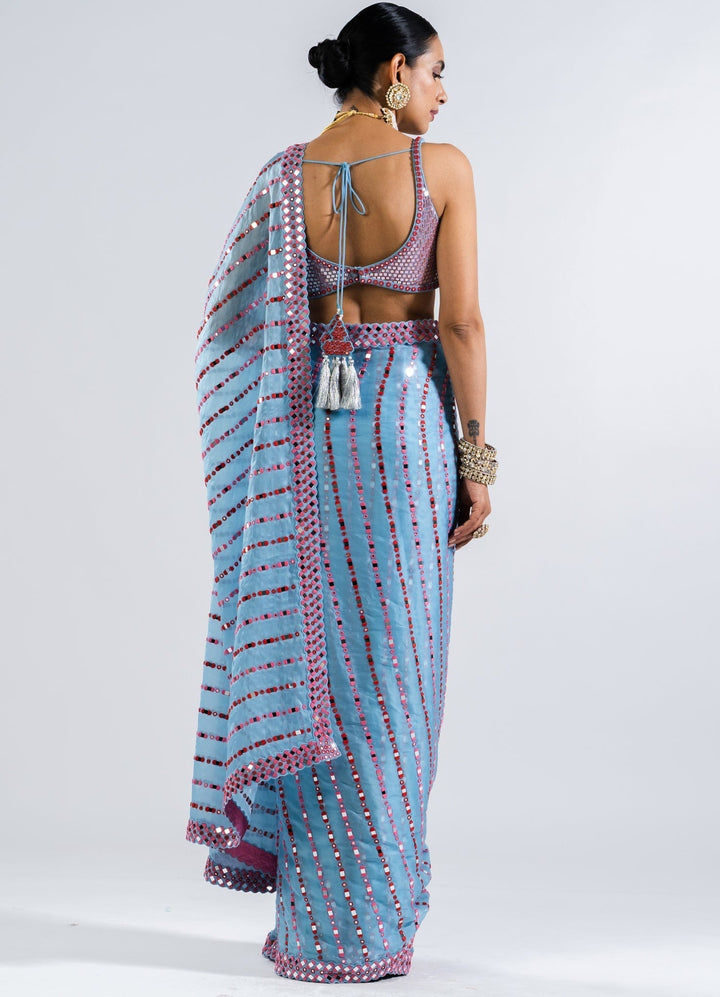 Ice Blue Heavy Mirror Work Saree With Metallic Sequinned Blouse Vvani by Vani Vats - Fabilicious Fashion