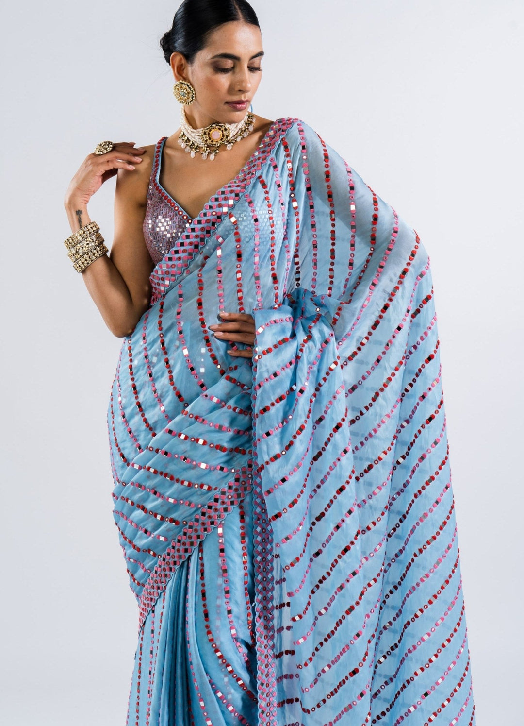 Ice Blue Heavy Mirror Work Saree With Metallic Sequinned Blouse Vvani by Vani Vats - Fabilicious Fashion