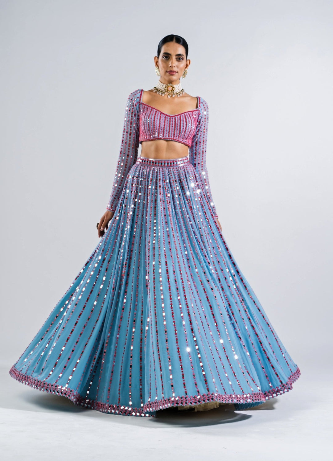 Ice Blue Multi Linear Drop Lehenga And Full Sleeves Blouse Set Vvani by Vani Vats - Fabilicious Fashion