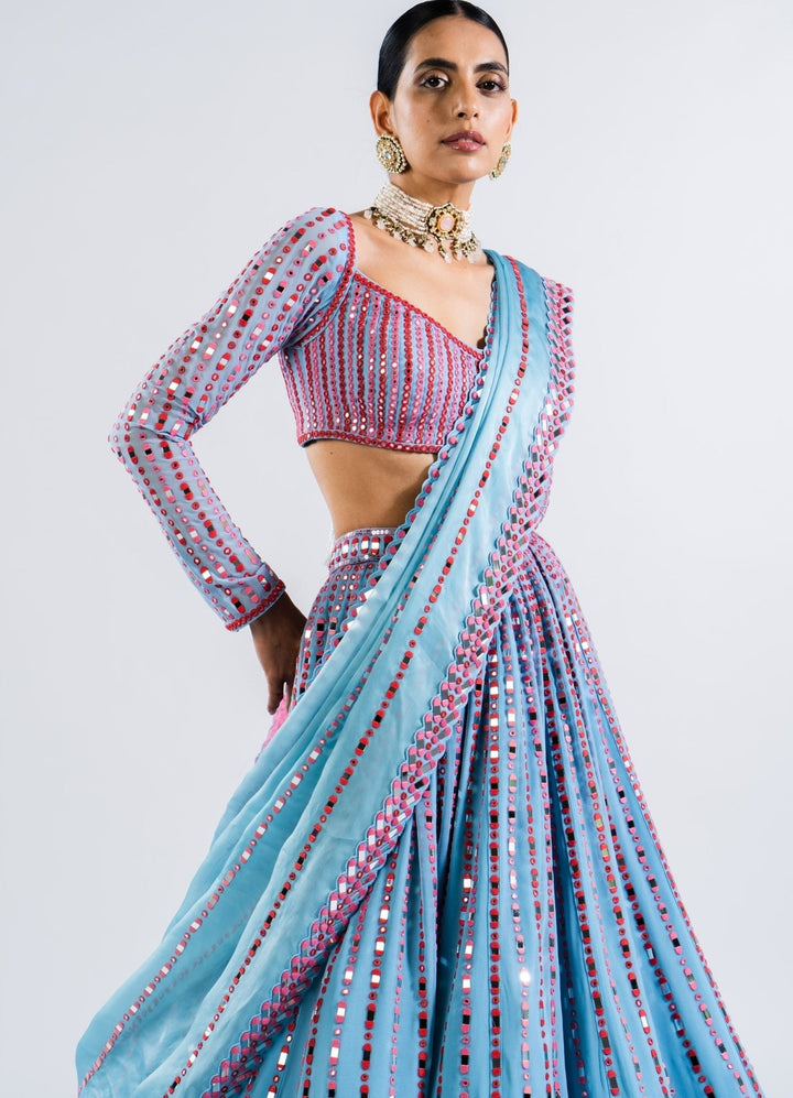 Ice Blue Multi Linear Drop Lehenga And Full Sleeves Blouse Set Vvani by Vani Vats - Fabilicious Fashion