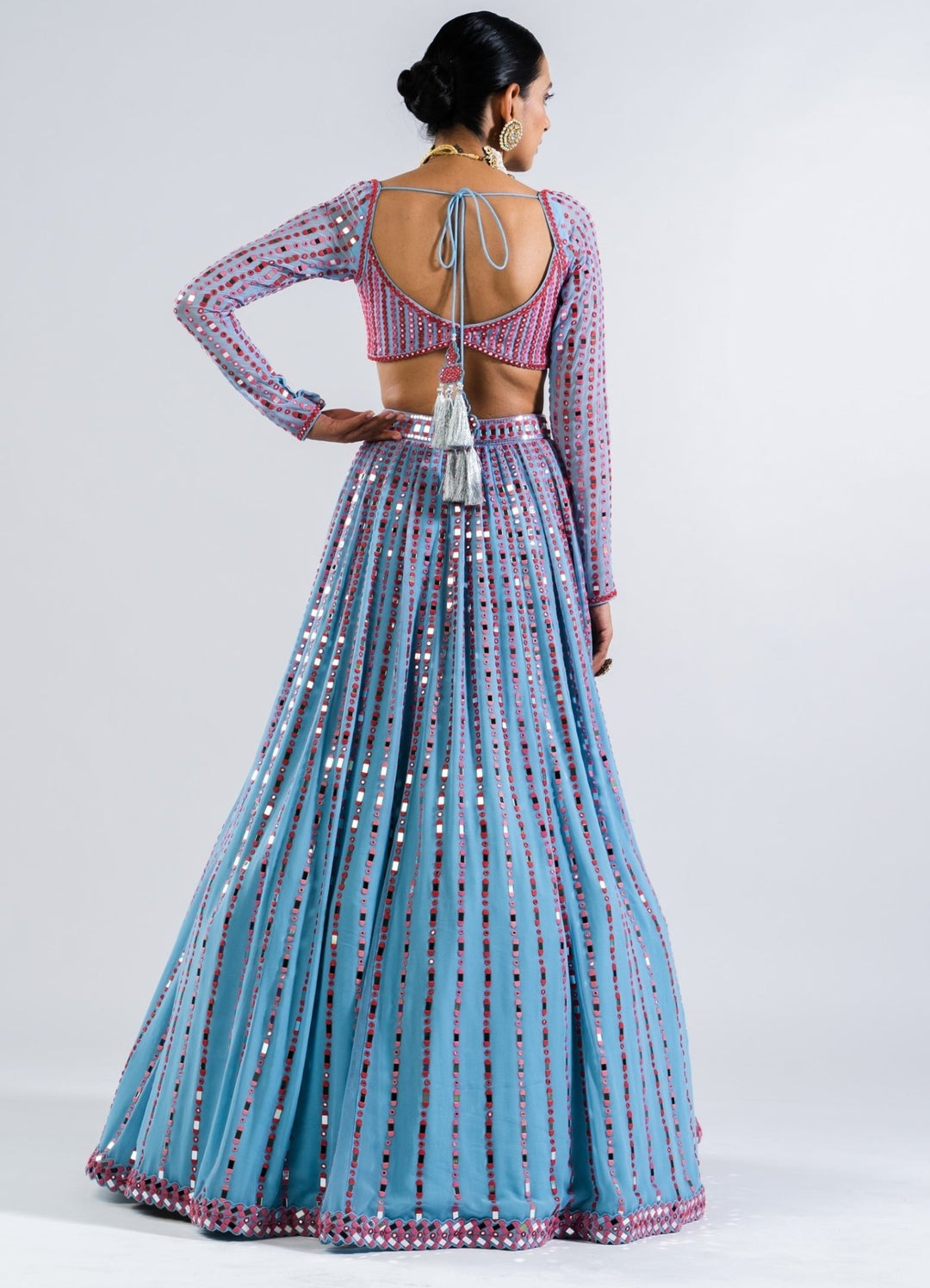 Ice Blue Multi Linear Drop Lehenga And Full Sleeves Blouse Set Vvani by Vani Vats - Fabilicious Fashion