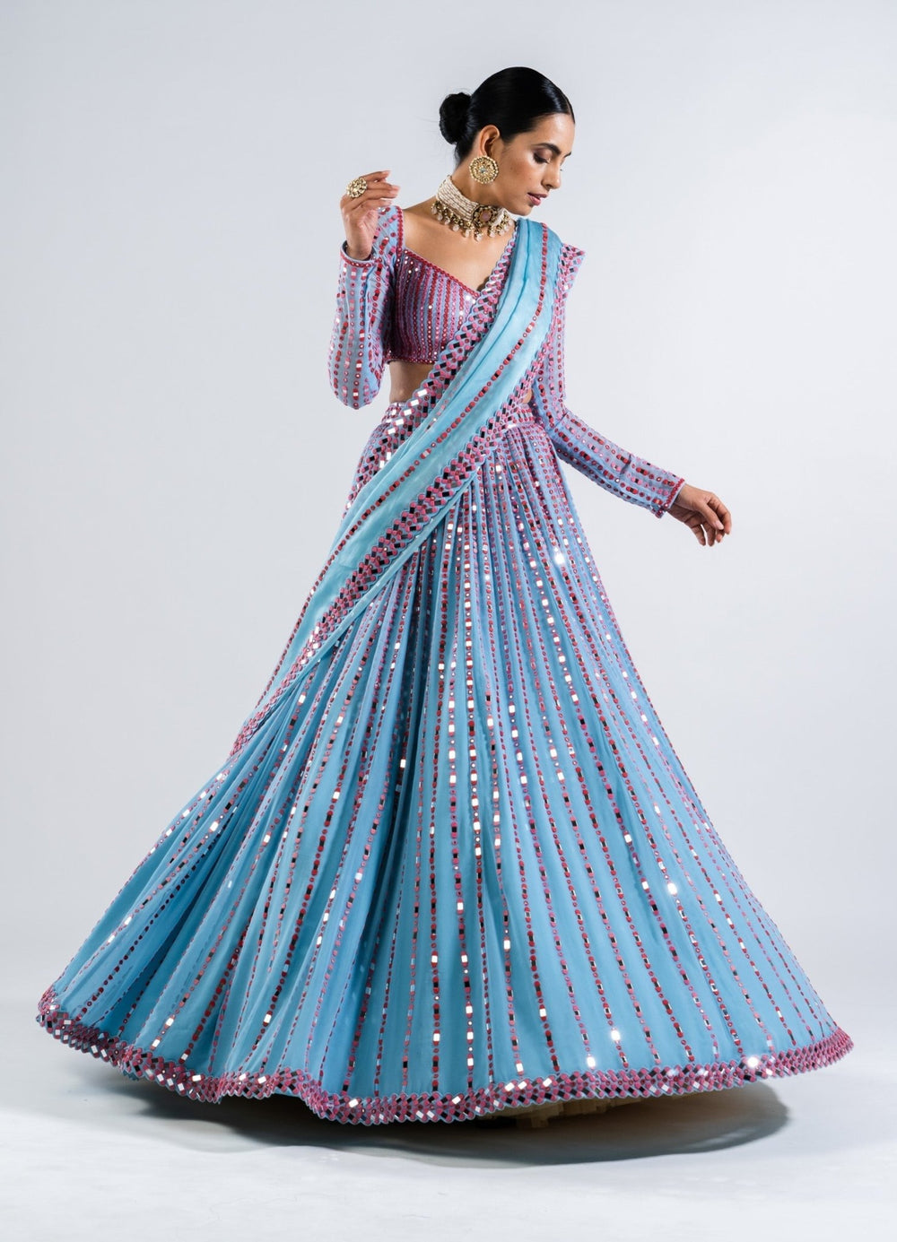Ice Blue Multi Linear Drop Lehenga And Full Sleeves Blouse Set Vvani by Vani Vats - Fabilicious Fashion