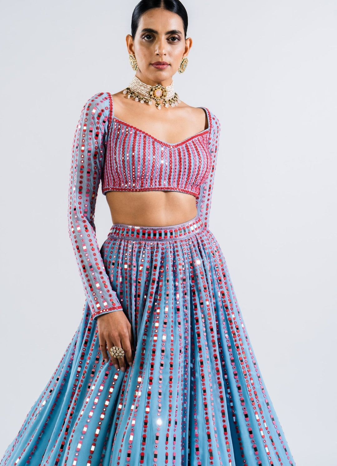 Ice Blue Multi Linear Drop Lehenga And Full Sleeves Blouse Set Vvani by Vani Vats - Fabilicious Fashion