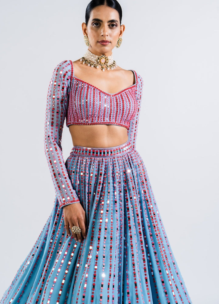 Ice Blue Multi Linear Drop Lehenga And Full Sleeves Blouse Set Vvani by Vani Vats - Fabilicious Fashion