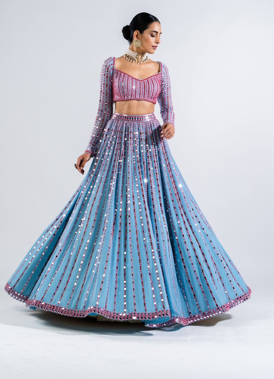 Ice Blue Multi Linear Drop Lehenga And Full Sleeves Blouse Set Vvani by Vani Vats - Fabilicious Fashion