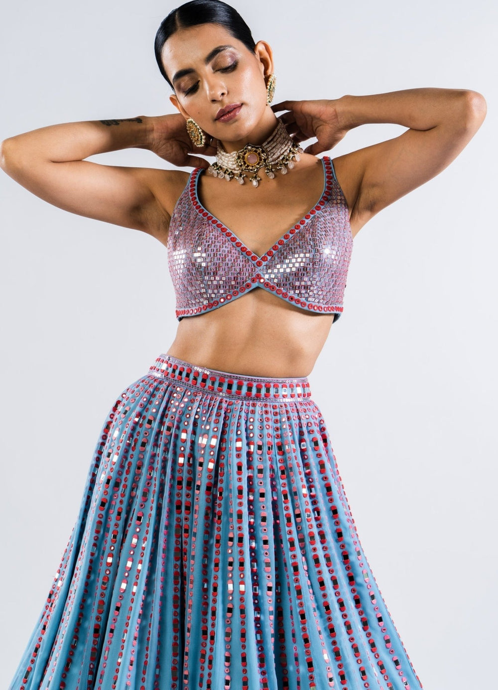 Ice Blue Multi Linear Drop Lehenga With Metallic Sequinned Blouse Vvani by Vani Vats - Fabilicious Fashion