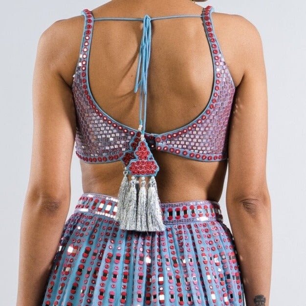 Ice Blue Multi Linear Drop Lehenga With Metallic Sequinned Blouse Vvani by Vani Vats - Fabilicious Fashion