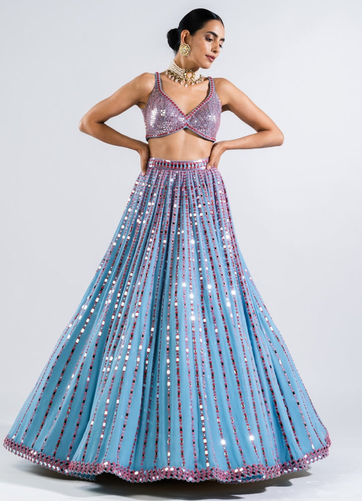Ice Blue Multi Linear Drop Lehenga With Metallic Sequinned Blouse Vvani by Vani Vats - Fabilicious Fashion