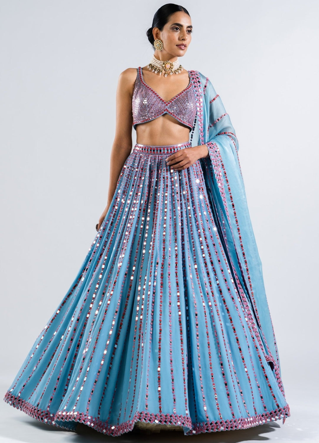 Ice Blue Multi Linear Drop Lehenga With Metallic Sequinned Blouse Vvani by Vani Vats - Fabilicious Fashion
