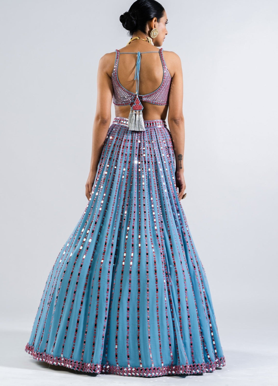Ice Blue Multi Linear Drop Lehenga With Metallic Sequinned Blouse Vvani by Vani Vats - Fabilicious Fashion