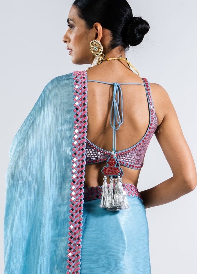 Ice Blue Satin Chiffon Saree Set Vvani by Vani Vats - Fabilicious Fashion
