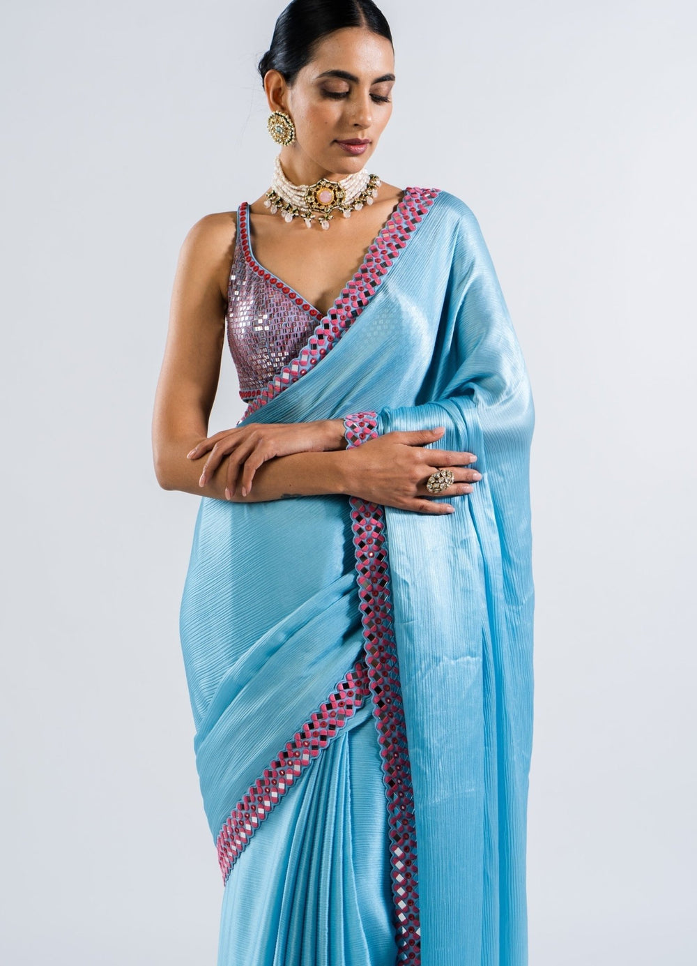 Ice Blue Satin Chiffon Saree Set Vvani by Vani Vats - Fabilicious Fashion