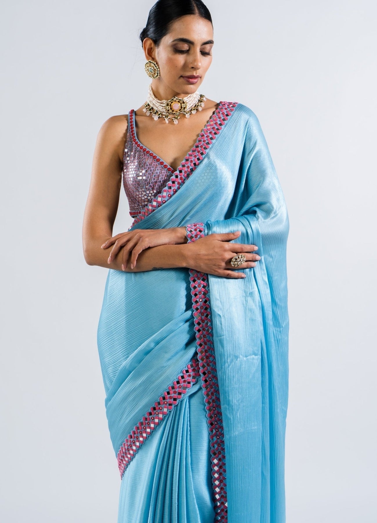 Aqua Blue Chiffon Saree – Nitika Gujral