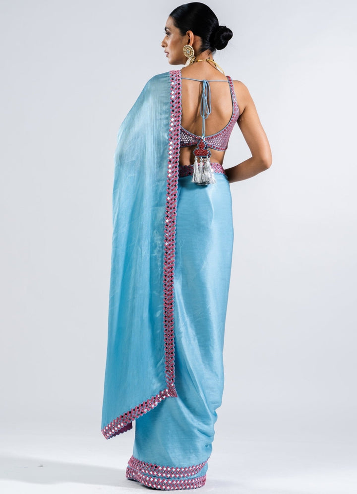 Ice Blue Satin Chiffon Saree Set Vvani by Vani Vats - Fabilicious Fashion