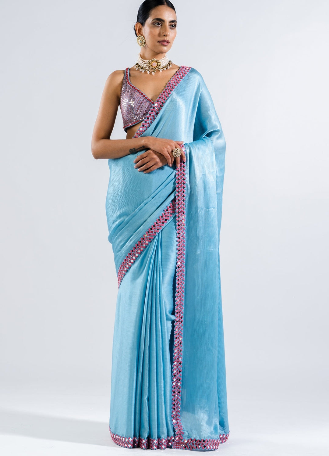 Ice Blue Satin Chiffon Saree Set Vvani by Vani Vats - Fabilicious Fashion