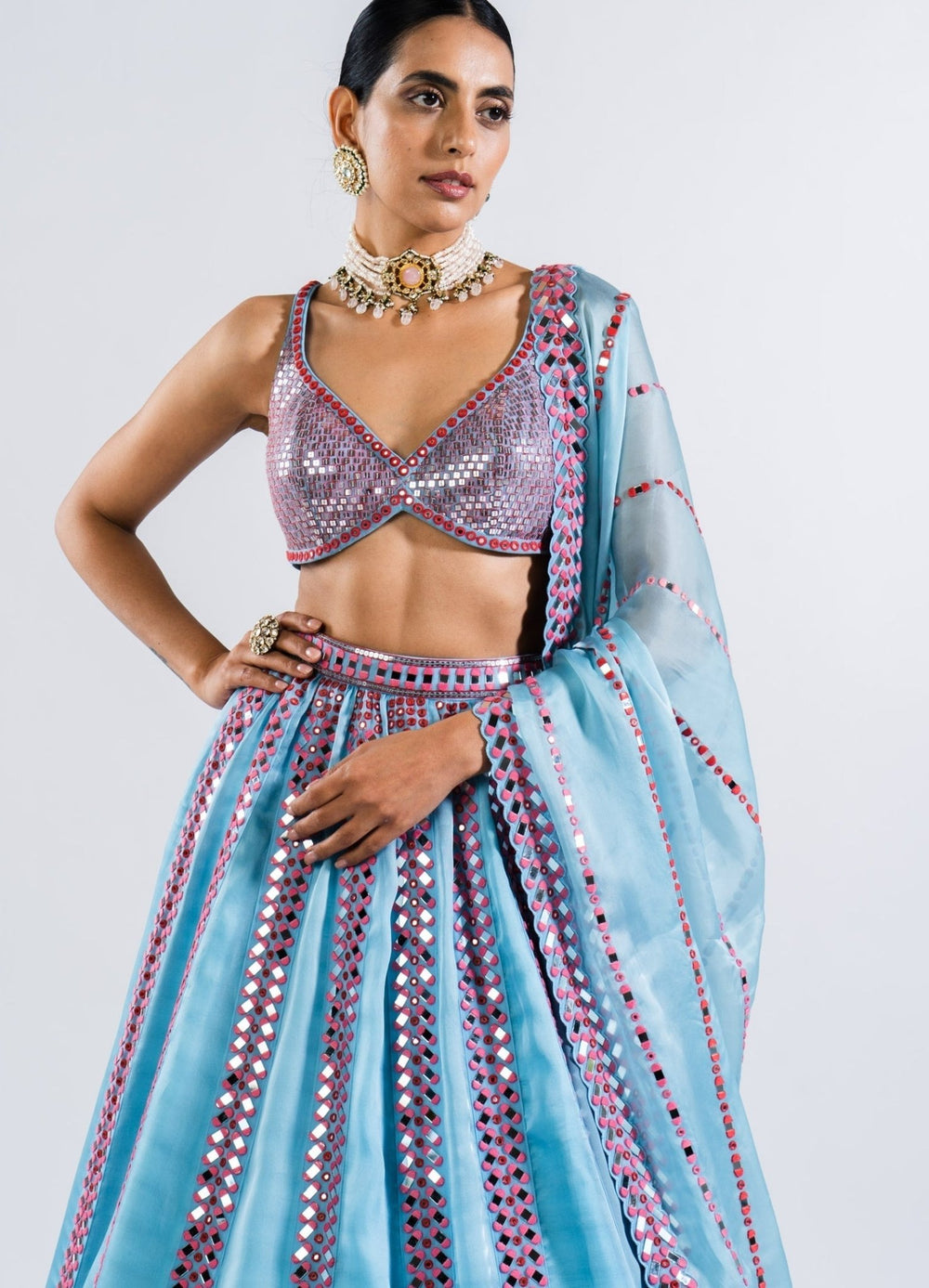 Ice Blue Single Linear Drop Lehenga With Metallic Sequinned Blouse Vvani by Vani Vats - Fabilicious Fashion