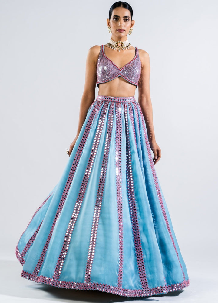 Ice Blue Single Linear Drop Lehenga With Metallic Sequinned Blouse Vvani by Vani Vats - Fabilicious Fashion