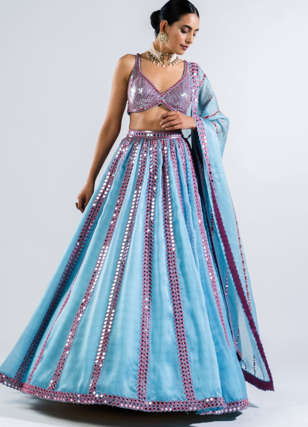 Ice Blue Single Linear Drop Lehenga With Metallic Sequinned Blouse Vvani by Vani Vats - Fabilicious Fashion