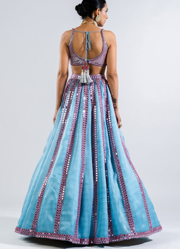 Ice Blue Single Linear Drop Lehenga With Metallic Sequinned Blouse Vvani by Vani Vats - Fabilicious Fashion