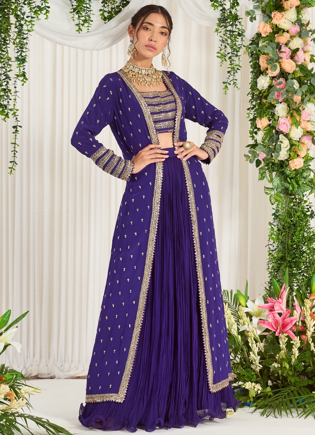 Indigo Blue Georgette Lehenga With Embellished Blouse & Cape Nidhika Shekhar - Fabilicious Fashion
