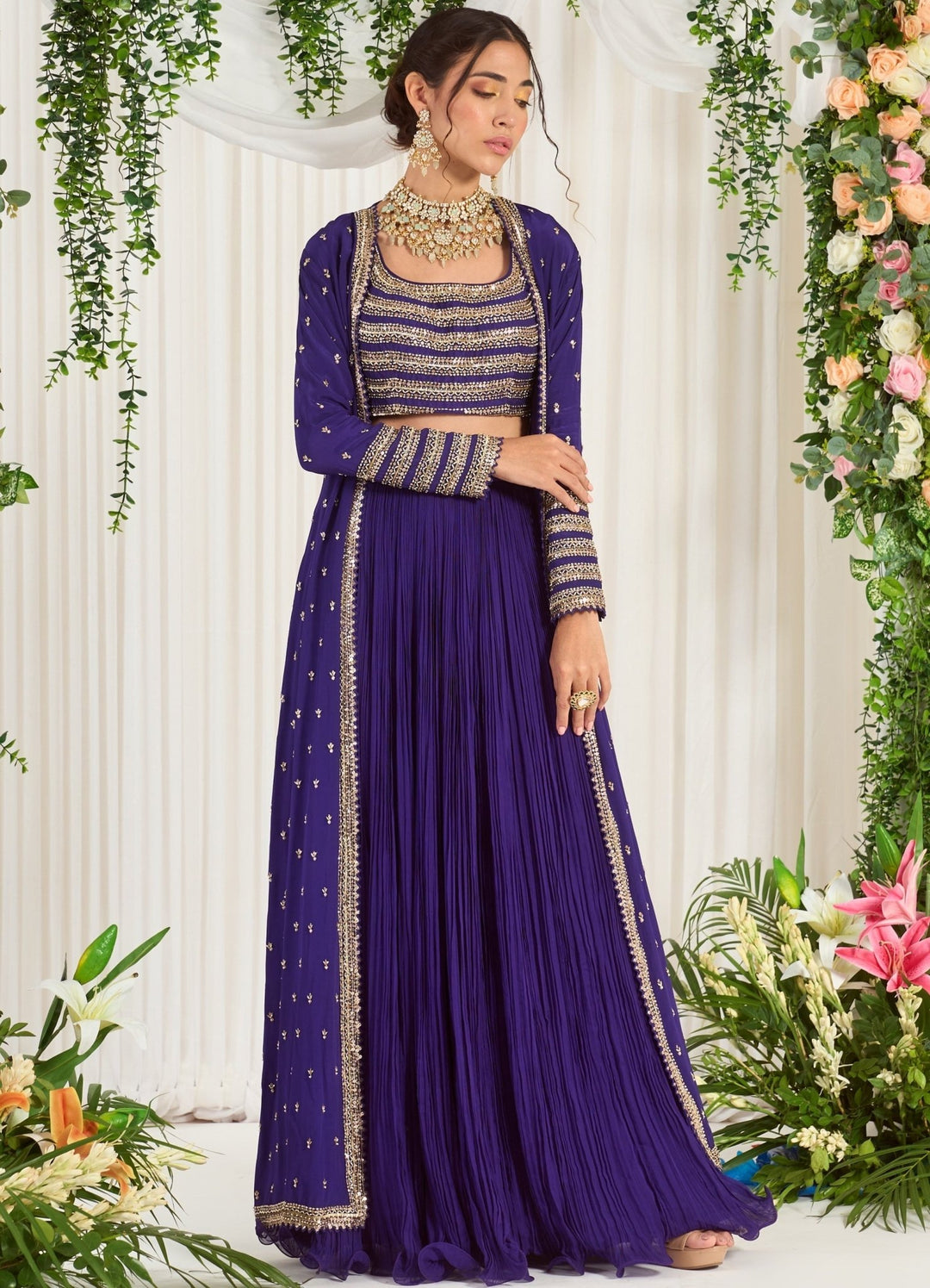 Indigo Blue Georgette Lehenga With Embellished Blouse & Cape Nidhika Shekhar - Fabilicious Fashion