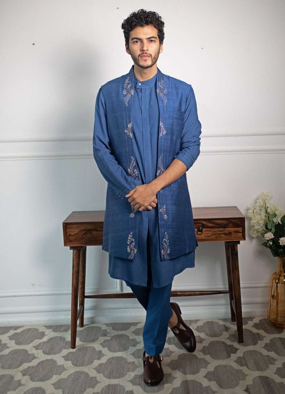 Indigo Blue Hand embroidered Jacket Set Contrast By Parth - Fabilicious Fashion