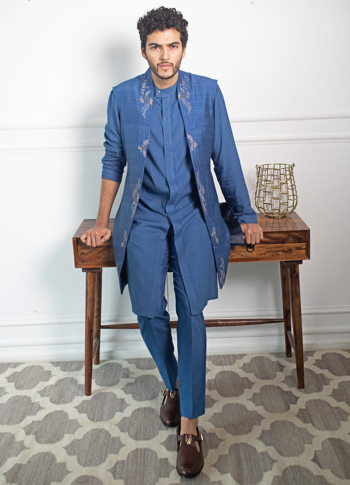 Indigo Blue Hand embroidered Jacket Set Contrast By Parth - Fabilicious Fashion