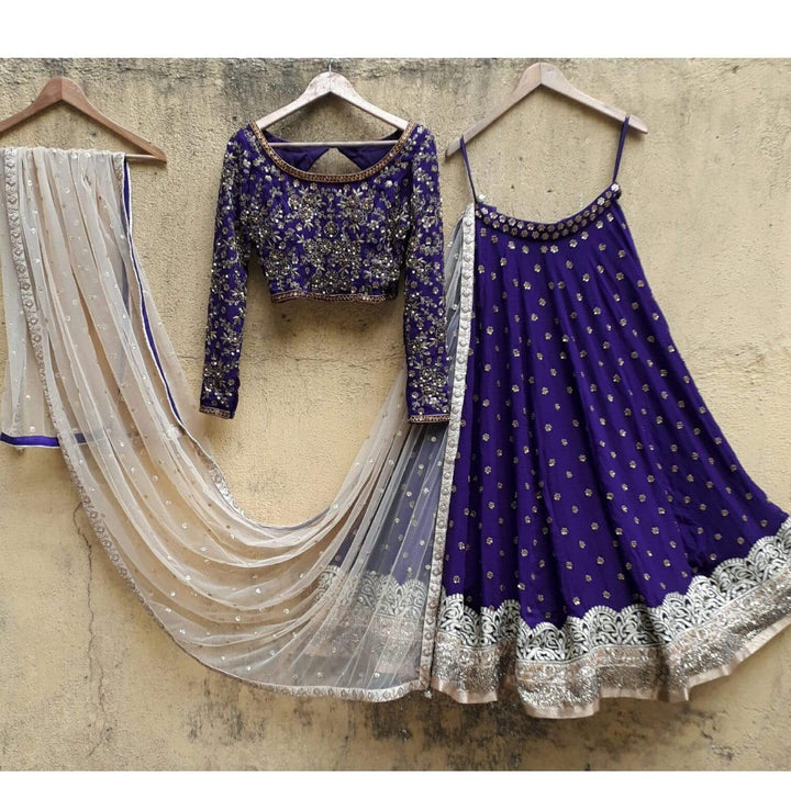 Indigo Blue Lehenga with Sequins and Zardosi Embroidered Blouse Priti Sahni - Fabilicious Fashion