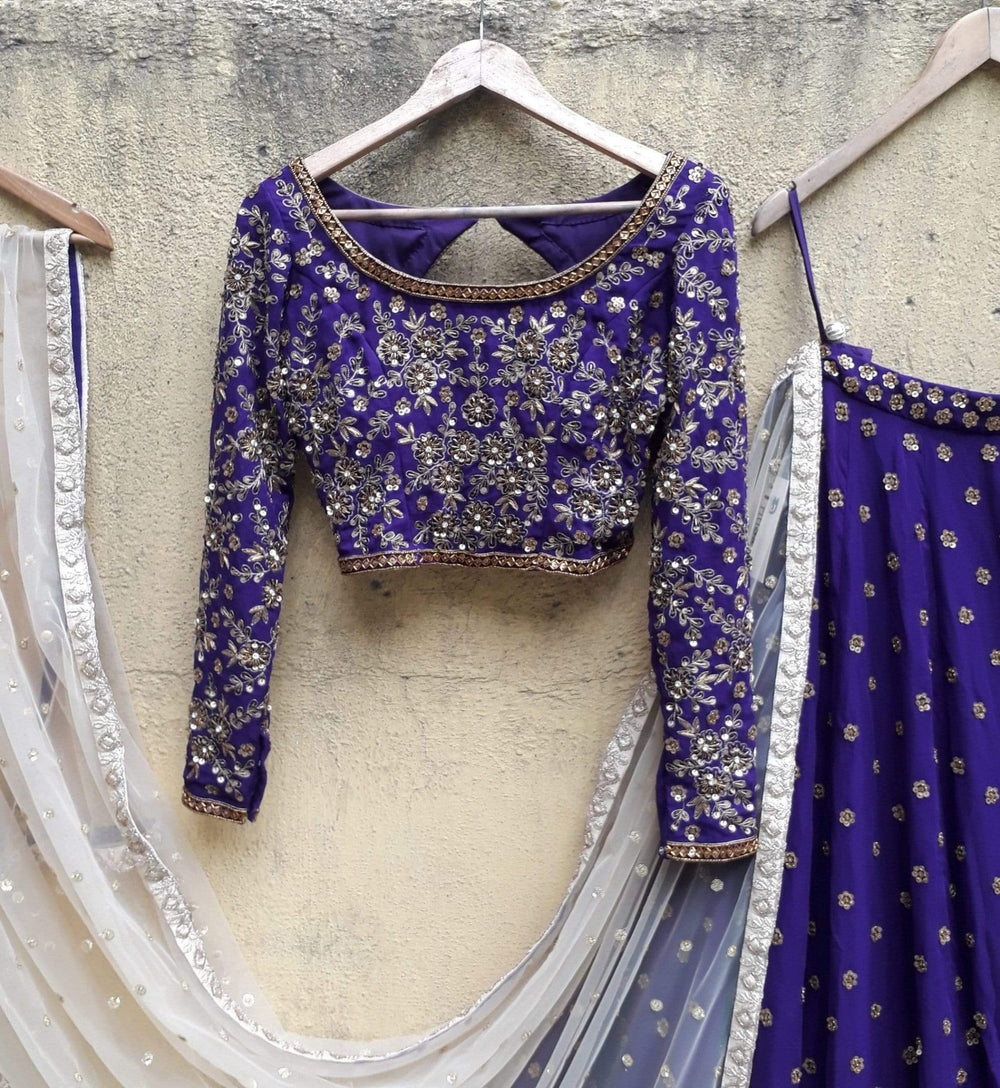 Indigo Blue Lehenga with Sequins and Zardosi Embroidered Blouse Priti Sahni - Fabilicious Fashion