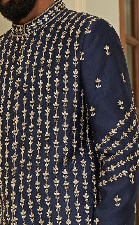 Insignia Blue Sherwani Set Contrast by Parth - Fabilicious Fashion