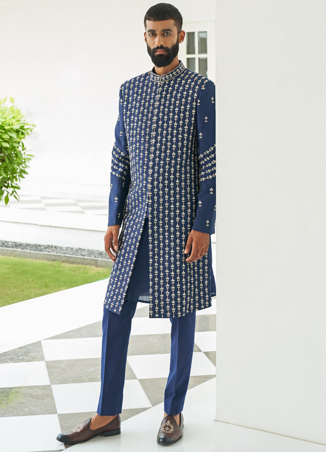 Insignia Blue Sherwani Set Contrast by Parth - Fabilicious Fashion