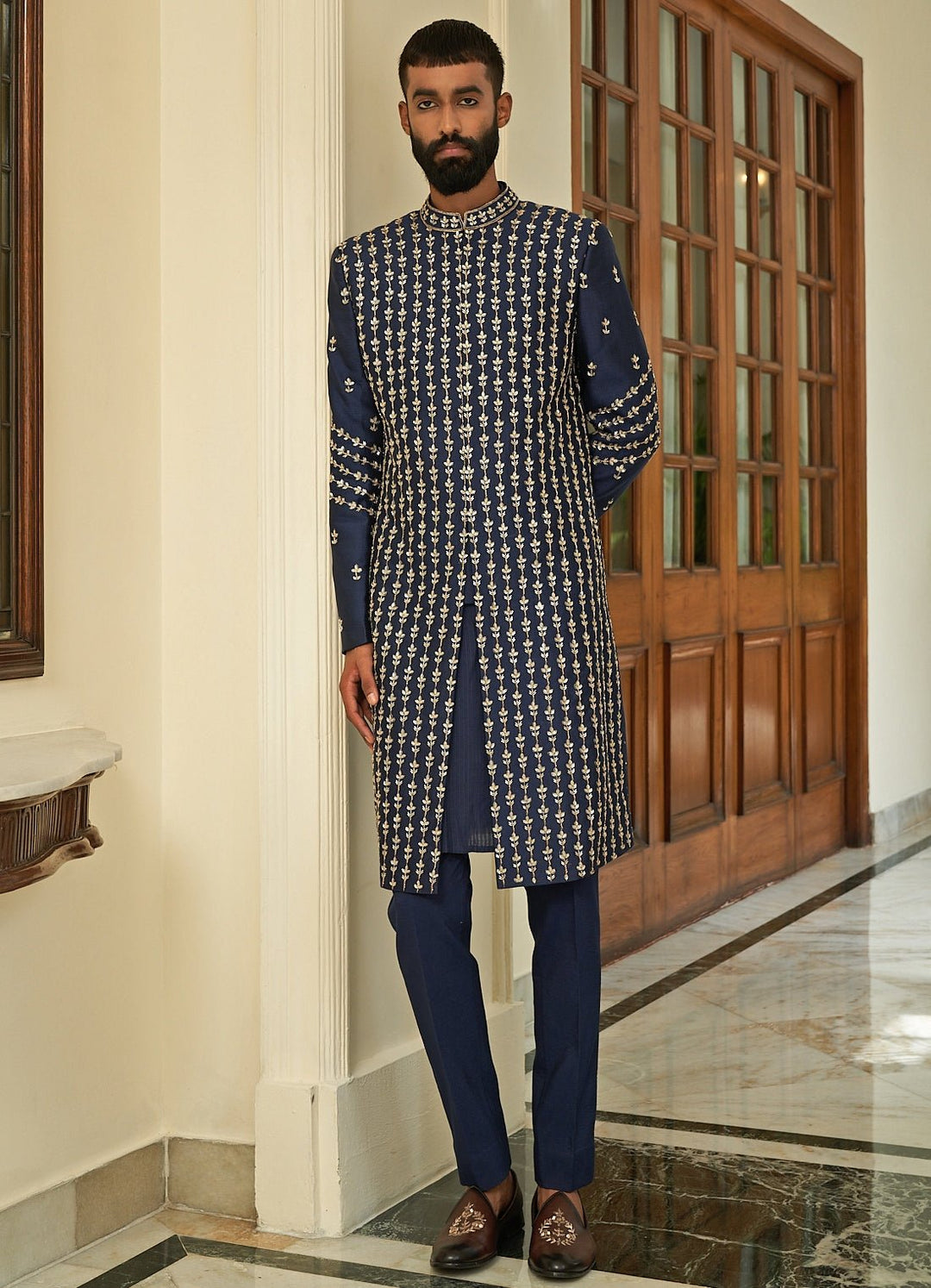 Insignia Blue Sherwani Set Contrast by Parth - Fabilicious Fashion