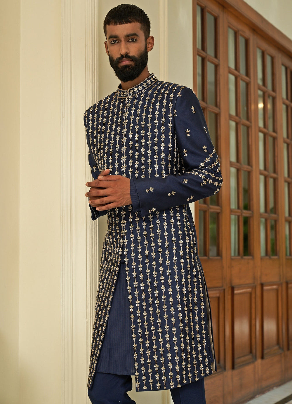 Insignia Blue Sherwani Set Contrast by Parth - Fabilicious Fashion