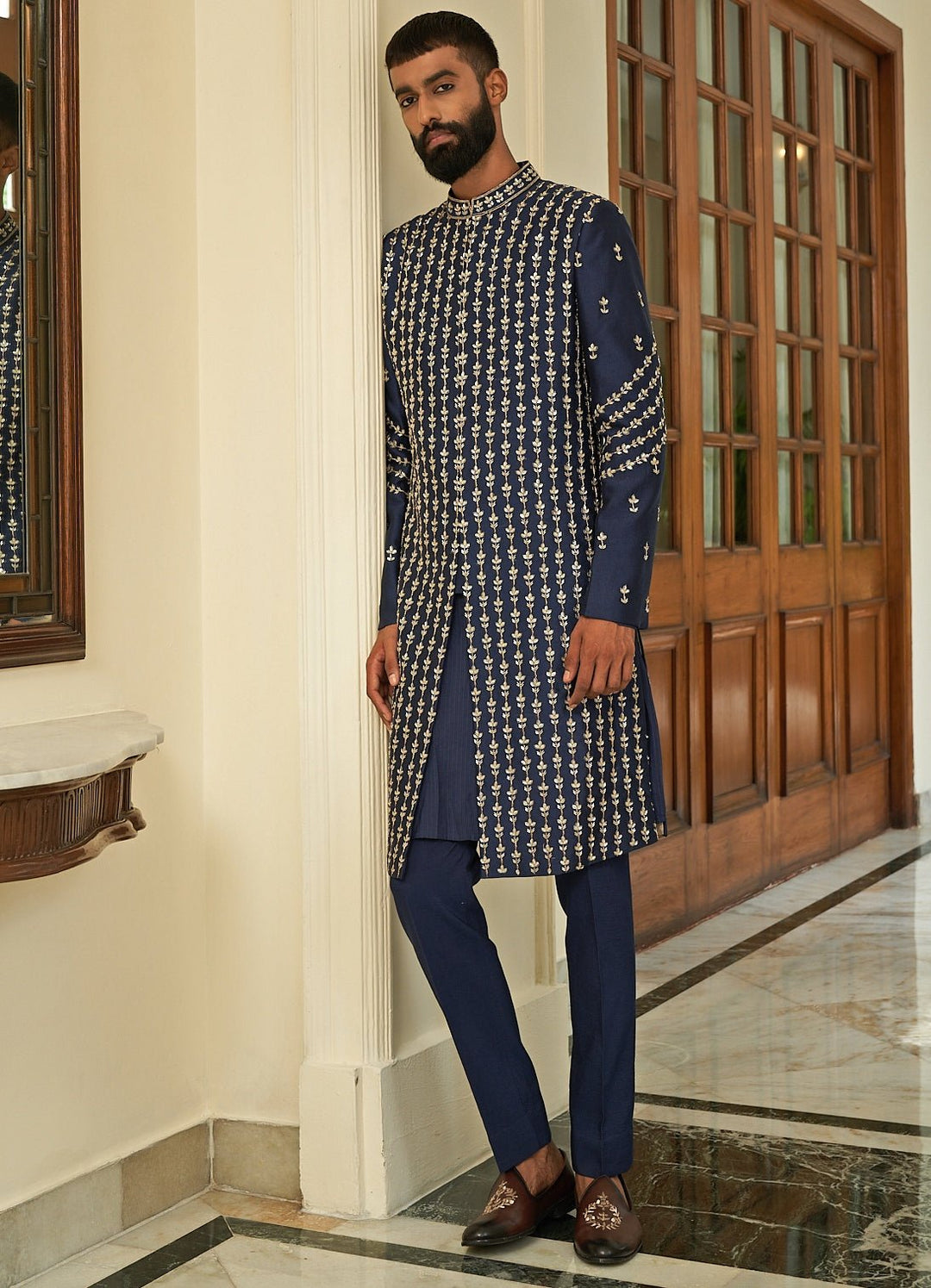 Insignia Blue Sherwani Set Contrast by Parth - Fabilicious Fashion