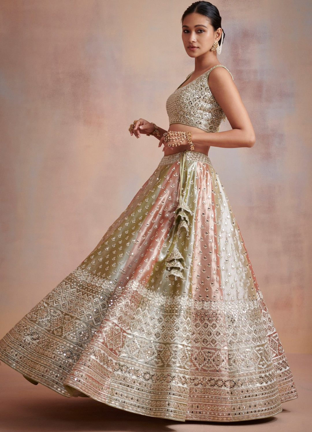 Isa Green and Blush Pink Gota and Zari Lehenga Set Suhino - Fabilicious Fashion
