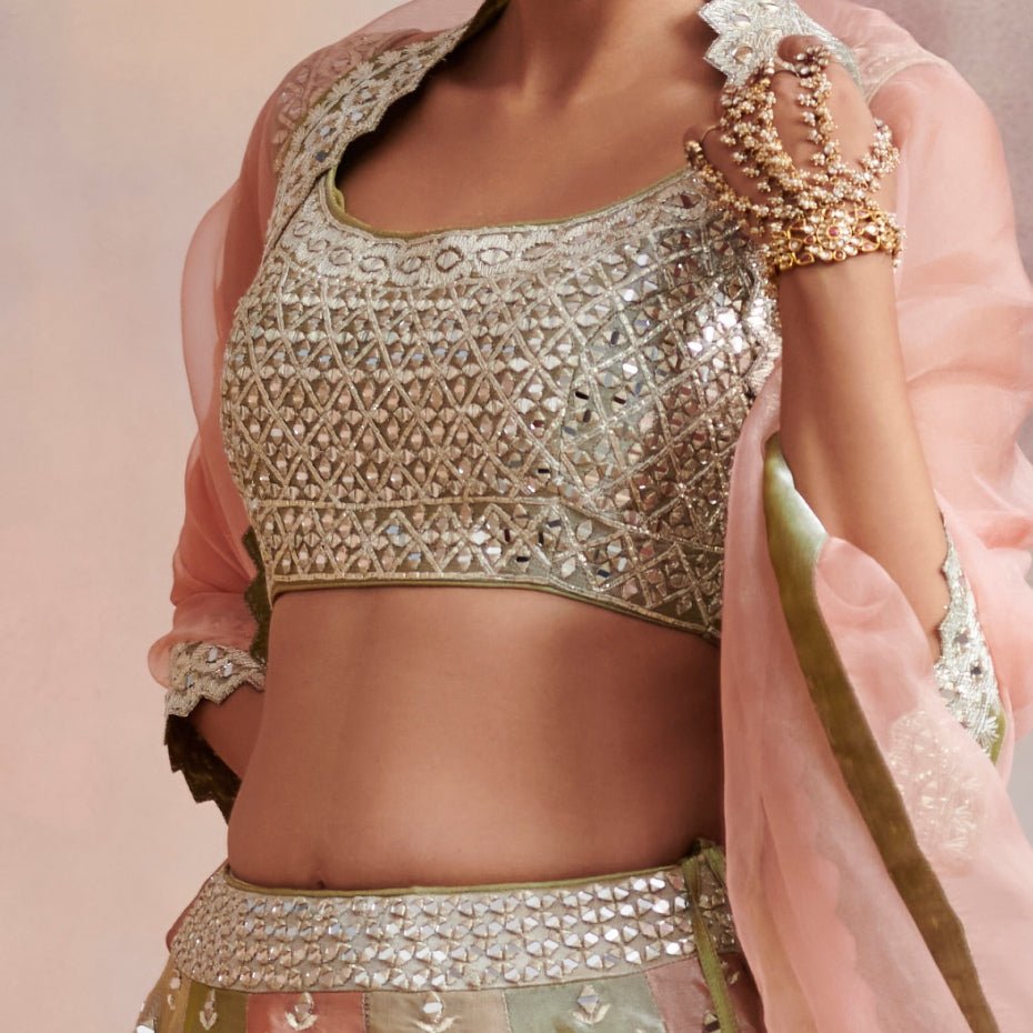 Isa Green and Blush Pink Gota and Zari Lehenga Set Suhino - Fabilicious Fashion