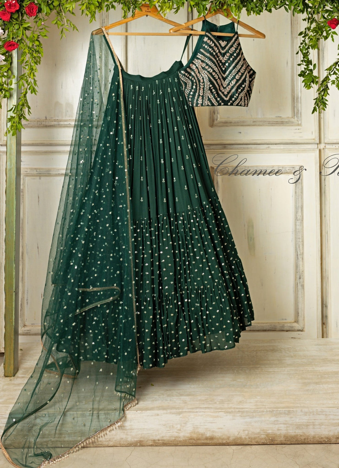 Isabella Forest Green Zari Lehenga Set Chamee n Palak - Fabilicious Fashion