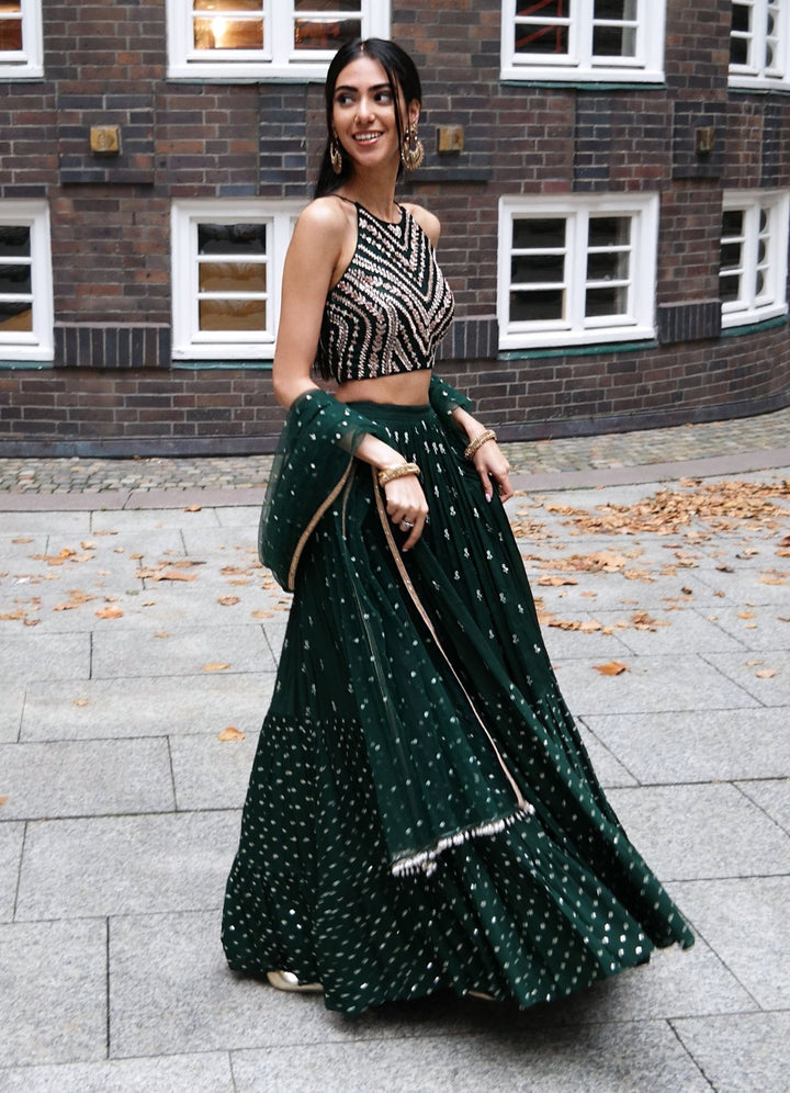 Isabella Forest Green Zari Lehenga Set Chamee n Palak - Fabilicious Fashion