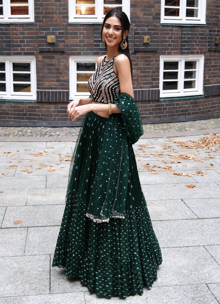 Isabella Forest Green Zari Lehenga Set Chamee n Palak - Fabilicious Fashion