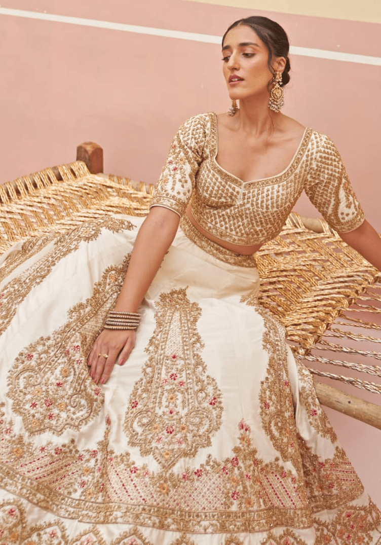 Ivory And Gold Embroidered Bridal Lehenga