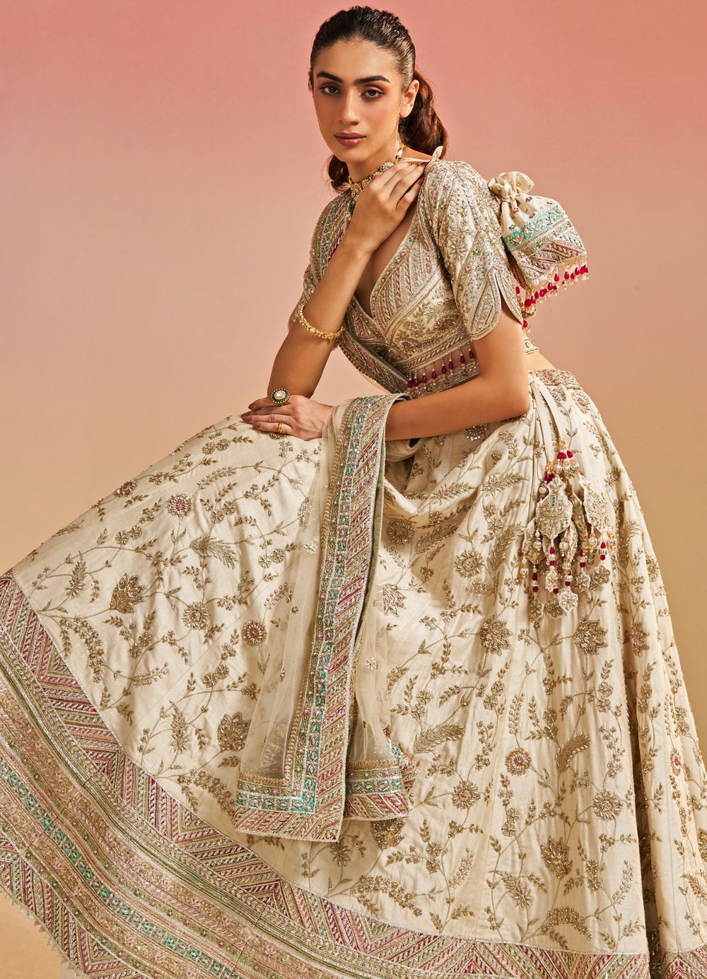 Ivory and Gold Embroidered Bridal Raw Silk Lehenga Set Studio Iris - Fabilicious Fashion
