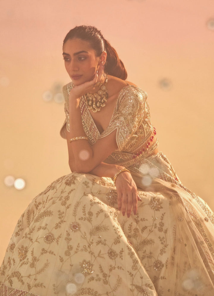 Ivory and Gold Embroidered Bridal Raw Silk Lehenga Set Studio Iris - Fabilicious Fashion